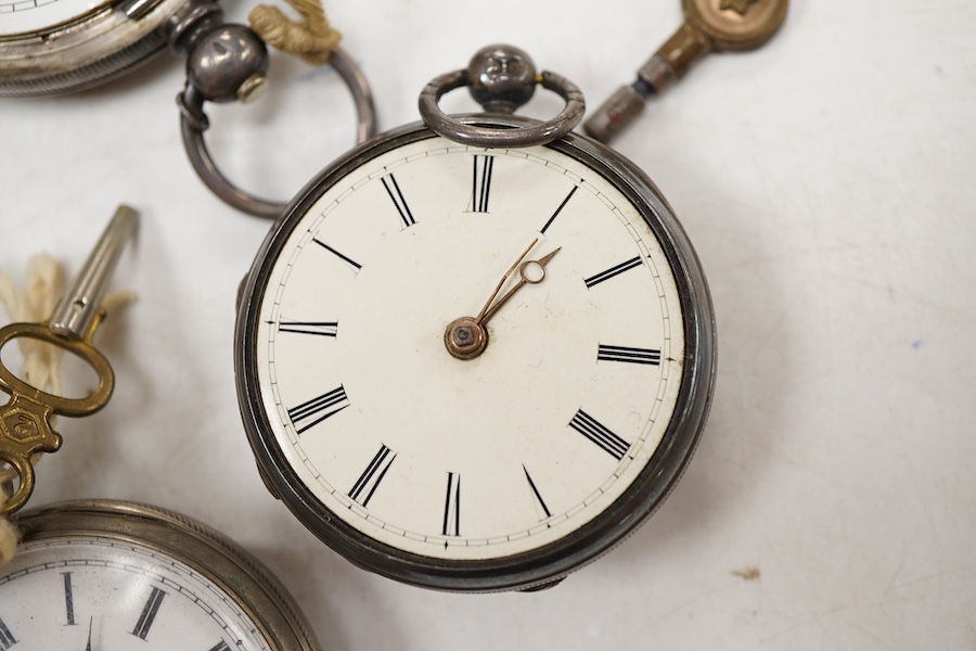 A Victorian silver open faced pocket watch by John Pill, London, two white metal fob watches and a Swiss 935 standard hunter pocket watch